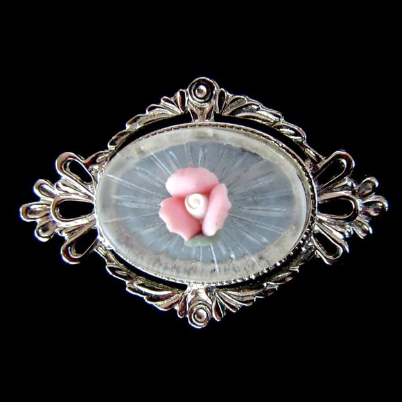 Victorian Revival cameo style frosted lucite & pink rose brooch in silver frame - Picture 1 of 5